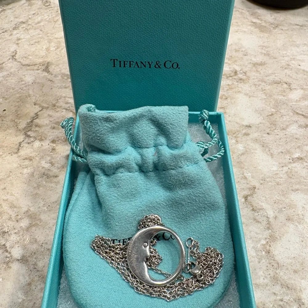Tiffany & Co. Vintage Silver Crescent Face Moon Pendant Necklace - Picture 2 of 3
